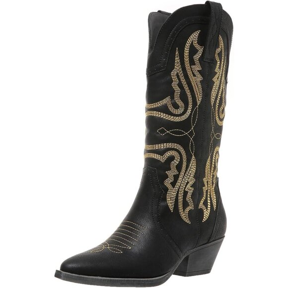 Women Cowgirl Mid Calf Western Boot Embroidered Pointed Toe Block Heel Black